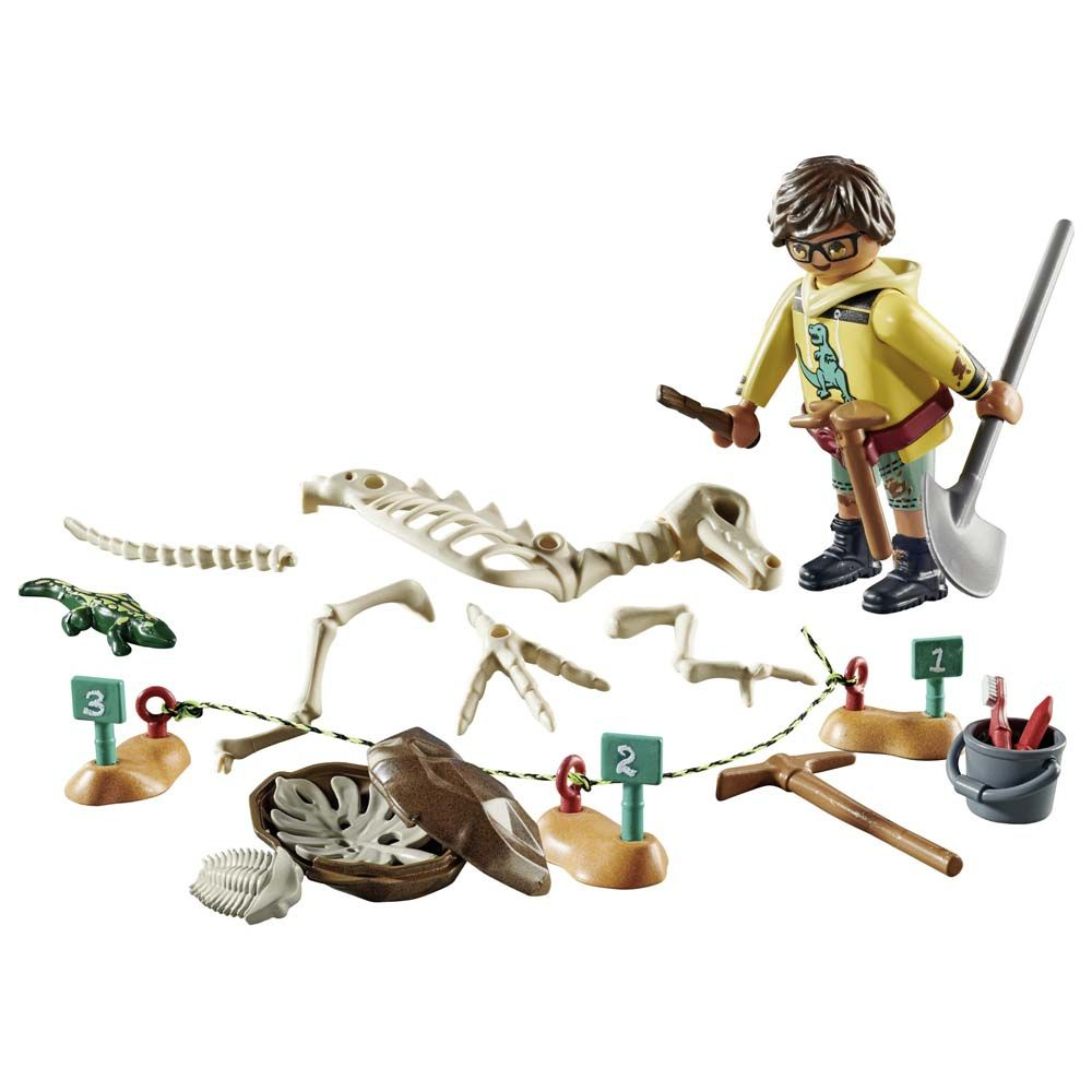 Arkæologisk udgravning og dinosaurskelet
