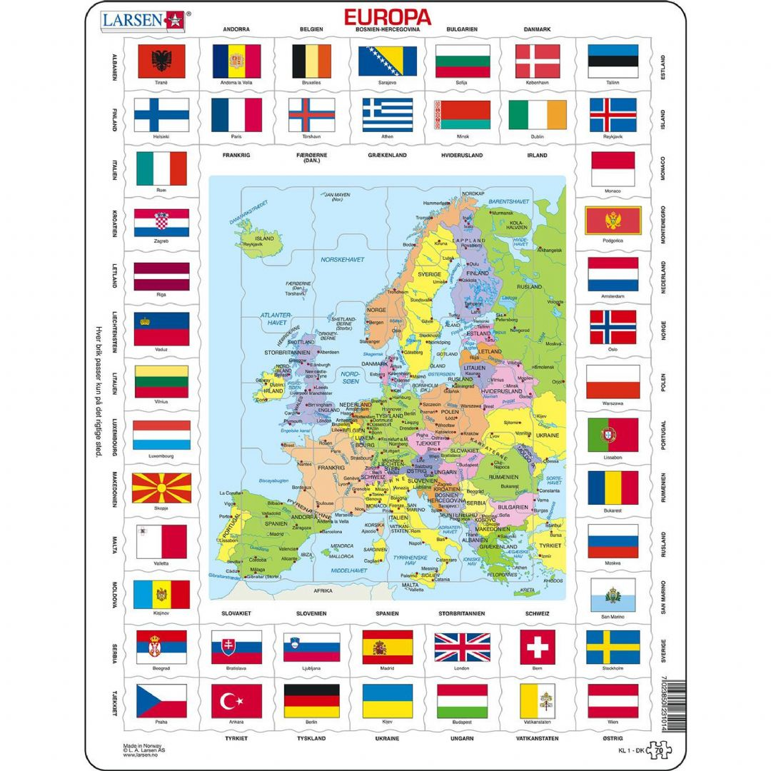 Puslespil kort/flag Europa, 70 brikker